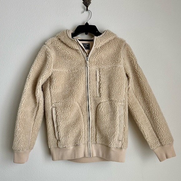 ✨ABERCROMBIE & FITCH Sherpa Full Zip Hooded Jacket Light Brown Mens XS - Picture 2 of 12